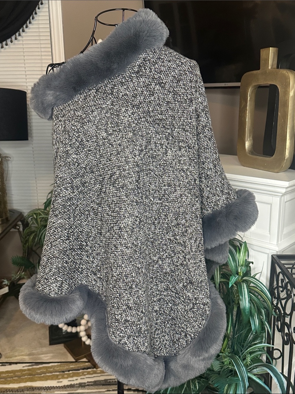 Grey Faux Fur-Trim Poncho Sweater - Women